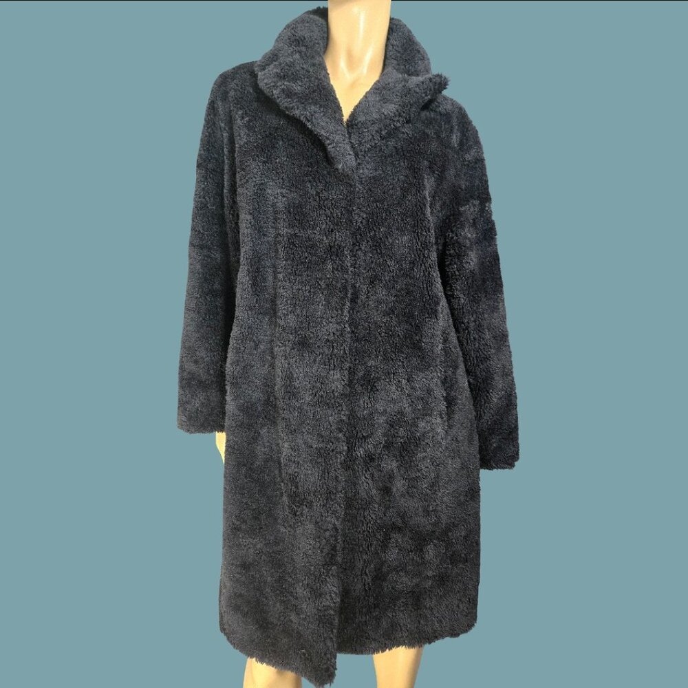 Vintage 90s black Faux Fur Teddy Coat Size L Mid length Grunge Glam Indie Sleaze